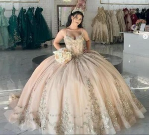 Champagne Quinceanera Dresses Glitter Beaded Sweet 15 16 Prom Princess Ball Gown - Picture 1 of 9