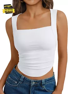 Womens Summer Tank Tops Going Out Crop Shirts Square Neck Cute Y2K Fashion Cloth - Picture 1 of 5