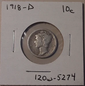 1918-D Mercury Dime 10c Denver Mint 90% Silver (#120w-5274) Winged Cap - Picture 1 of 3