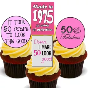 50th Birthday Female Edible Cupcake Toppers - Standup Cake Decorations Girl 1975 - Picture 1 of 7