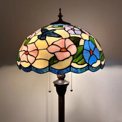 Tiffany Style Floor Lamp Pink Blue Stained Glass Hummingbird Flowers 64"H*16"W - Image 1 of 4