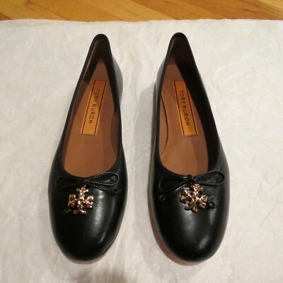 Tory Burch Tory Charm Ballet Flat Black Leather Size 8 $268 Authentic New NWB Foto 1 de 4