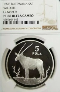1978 BOTSWANA SILVER 5 PULA S5P WILDLIFE GEMSBOK NGC PF 68 ULTRA CAMEO SCARCE - Picture 1 of 3