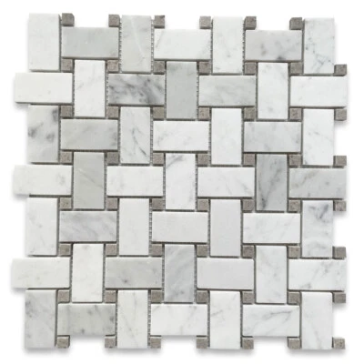 C653XP Carrara Venato Marble 1x2 Basketweave Mosaic Tile Gray Dots Polished - Image 1 of 4
