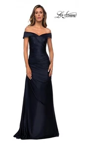 NWT La Femme Off the Shoulder Ruched Navy Satin Trumpet Gown Size 10 - Picture 1 of 13