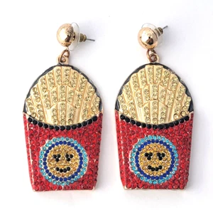 Aldo Gold Crystal French Fries Happy Face Emoji Fast Food Large Charm Earrings - Picture 1 of 5