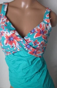LANDS END Aqua/Orchid Floral V-Neck Wrap Tankini Swimsuit Top Womens 4 NEW - Picture 1 of 13