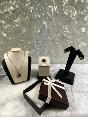 Topacio ahumado de 3 piezas de plata de ley (colgante, pendiente y anillo) con caja de regalo gratis Foto 1 de 4