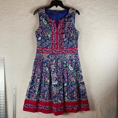 Talbots Womens Sleeveless Blue Pink Floral Paisley Pleated Midi Dress Sz 8P 9651 - Image 1 of 4