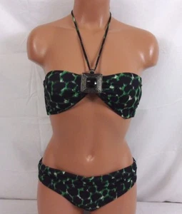 Sauvage Luxe Bandeau Halter Abstract Print Bikini Black/Green Small 1496L - Picture 1 of 3