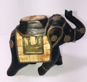 Vintage Handmade Crafted Wooden Hindu Elephant Coverd With Brass And Bone  - Picture 1 of 10