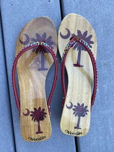 Woodies Holzsandalen handbemalt so Carolina neu - andere mit Tasche Größe 7 kleiner Absatz - Bild 1 von 5