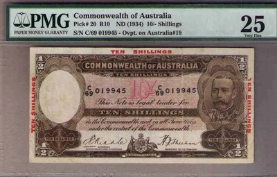 1934 10/ KGV Commonwealth of Australia. PMG VF25. Renniks R10 Last Prefix C/69 - Image 1 of 2
