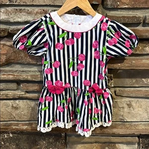 Vintage Popsicle Cherry Print Nautical Stripe Puff Sleeve Dress - Picture 1 of 7