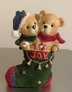 Vintage Resin 2 Teddybären im Strumpf Weihnachten Schnickschnack Figur - Bild 1 von 8
