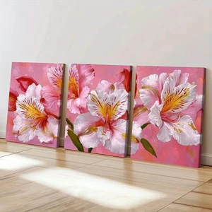 3pcs Lily of the Incas Pink White Flower Wall Art Canvas Framed 50x70cm - Bild 1 von 2