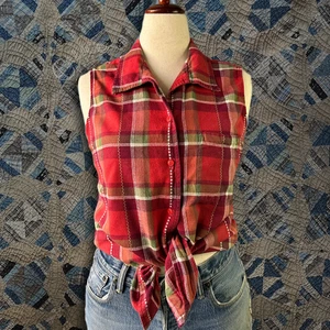 Vintage 90s Cabin Creek Western Red Autumn Plaid Flannel Sleeveless Shirt Size L - Bild 1 von 14