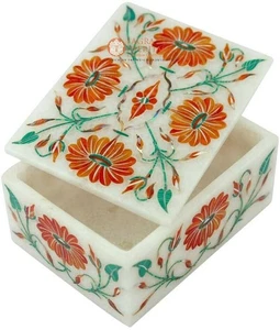 White Marble Jewelry Boxes Hakik Malachite Inlay Floral Halloween Gift E2009 - Picture 1 of 4