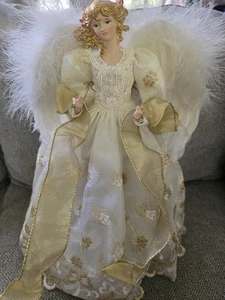 Vintage Angel Tree Topper 15.5" Feather Wings & Gold Accents Taiwan - Picture 1 of 10