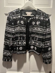 ADRIANNA PAPELL B & W BEADED SEQUINS-Vintage Jacket E/C LARGE - Picture 1 of 1