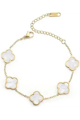 Pulseras de eslabones de cuatro hojas de trébol enchapado en oro de 18 quilates blancas Foto 1 de 4