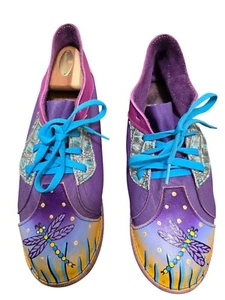 Zapatos Oxford Soletech Mujer Pintados a Mano Cuero Púrpura Diseño Libélula Verde C - Imagen 1 de 12