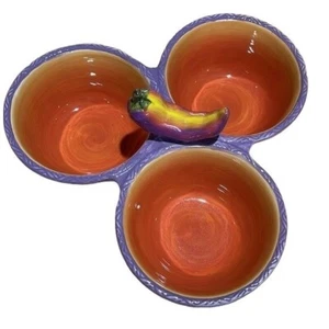 Colored Jalapeno 3 in 1 Salsa Serving Ceramic Bowls  by Clay Art Hand Painted - Picture 1 of 5