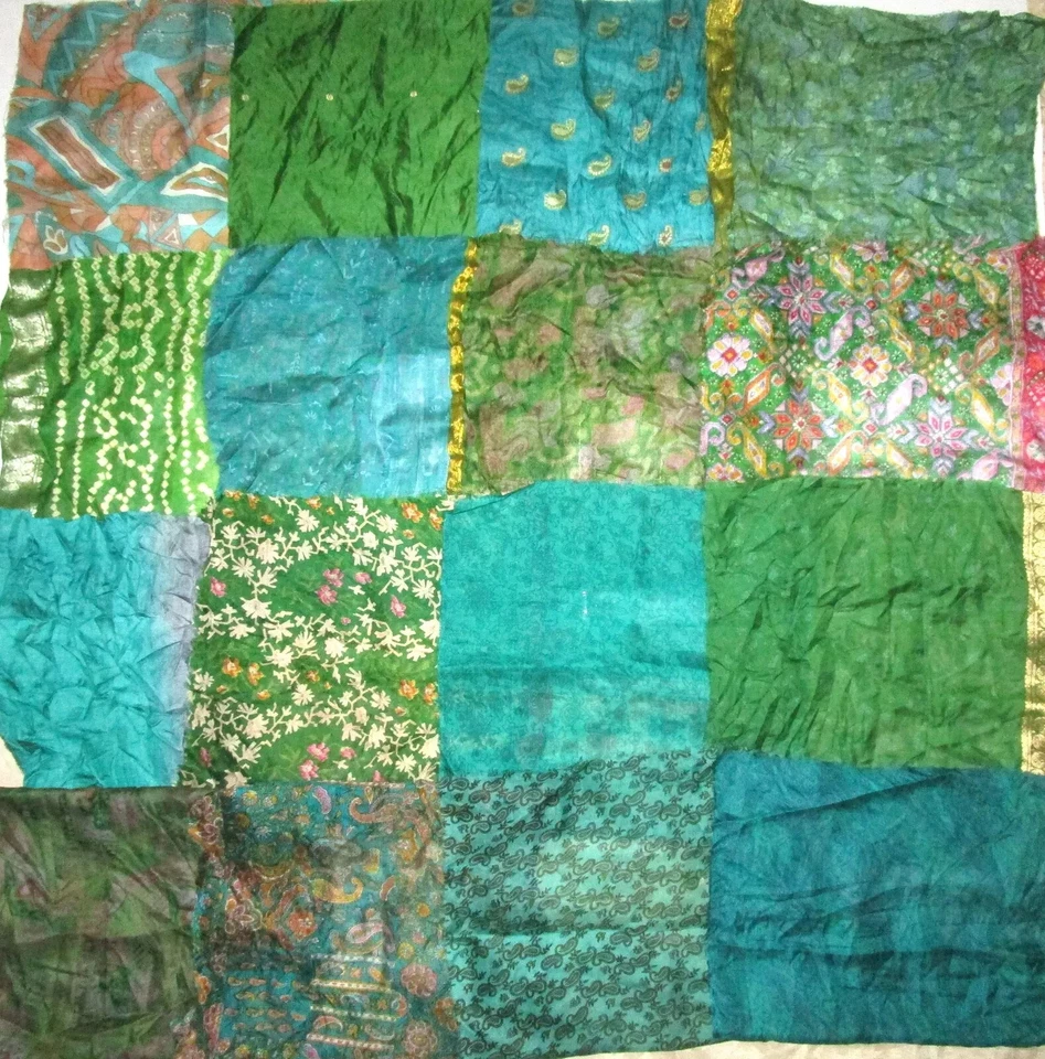 ON Vintage 30 Pcs Recycled Silk Sari Remnants/Fabric 8"X8" Fabric Scraps Green - Image 1 of 1
