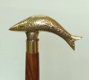 Antique Model Top Brass Finish Item Brown Wooden Walking Stick Cane - Picture 1 of 4