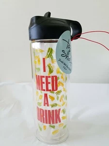 Neu mit Etikett Top Regal "I NEED A DRINK" doppelwandige Glasflasche 13 Unzen mit Geschenkanhänger, neu! - Bild 1 von 6