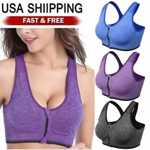 Women's Zipper Front Closure Sports Bra Racerback Yoga Bra with Removable Padded - Picture 1 of 15