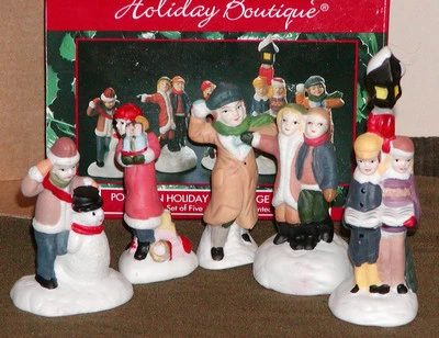 Holiday Boutique, Set of 5 Handpainted  Porcelain Holiday Joy Village Figurines - Image 1 of 2