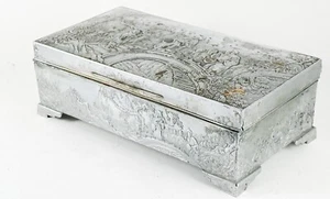 Vintage Oriental Asian Metal Trinket Box Wood Lined 7” X 3.5” - Picture 1 of 19
