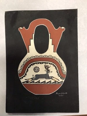 1984 JOSE R LORETTO Painting on Board Jemez Wedding Vase Running Deer Foto 1 de 4