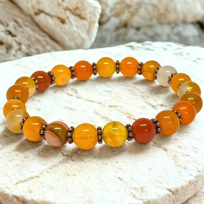 Pulsera con cuentas de piedras preciosas de ágata naranja natural 8 mm joyería de cristal elástico Foto 1 de 4
