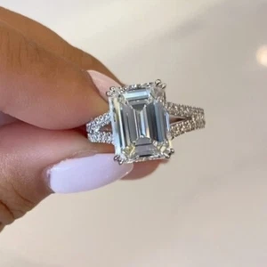 3.8Ctw Emerald Cut Moissanite Double Prong Engagement Ring 14K White Gold Plated - Picture 1 of 8