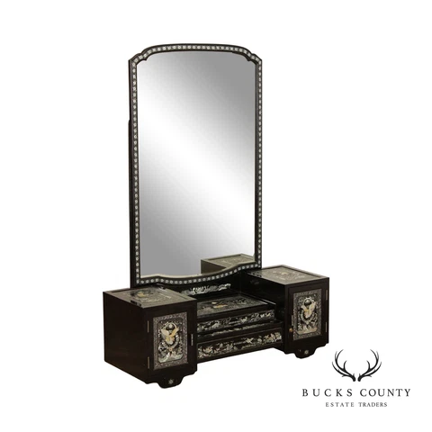 Korean Black Lacquer Mirrored Vanity with Mother of Pearl Inlay Cover