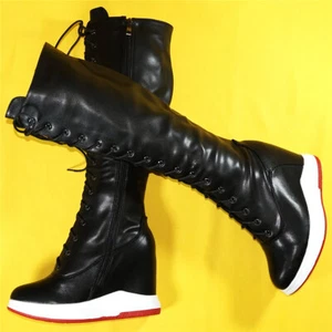 Thigh High Fashion Sneakers Women's Lace Up Leather Wedge High Heels Snow Boots - Picture 1 of 47