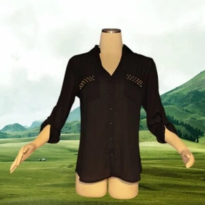 EXPRESS THE PORTOFINO Shirt GOTHIC Black STUDDED Button Up Shirt Women's Small - Picture 1 of 11