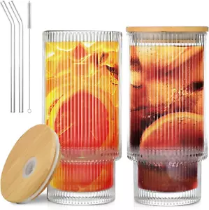 16OZ Ribbed Glass Cups with Lids and Straws,Iced Coffee Cups with Bamboo Lid,Vin - Picture 1 of 11
