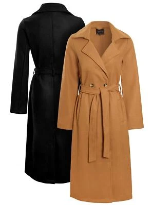 Womens Trench Coat Ladies Wool look Maxi Jacket Size 10 12 14 16 8 Black Camel - Image 1 of 4