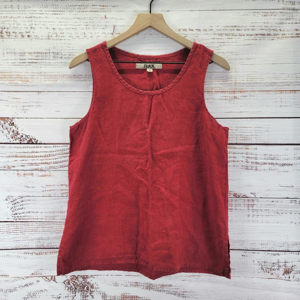 FLAX Size P 100% Linen Bias Round Neck Tank in Red Sleeveless Round Neck Top - Image 1 of 4