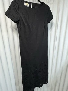 Talbot Maxi Dress 6 Black Irish Linen Shortsleeve Lined Modest Eyelet Hem Career - Picture 1 of 6