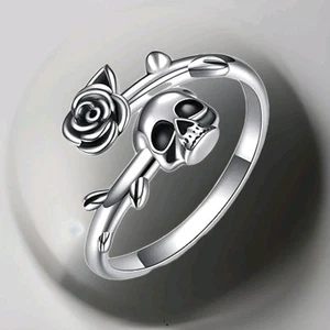 Marysia Designs Gothic Punk Skull & Rose Silver Adjustable Ring Halloween New - Picture 1 of 3