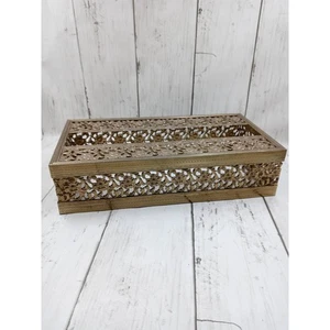 Vtg Bronze Gold  Tissue Box Cover 2pc Metal Floral Scroll Rectangle Box Cover - Picture 1 of 7