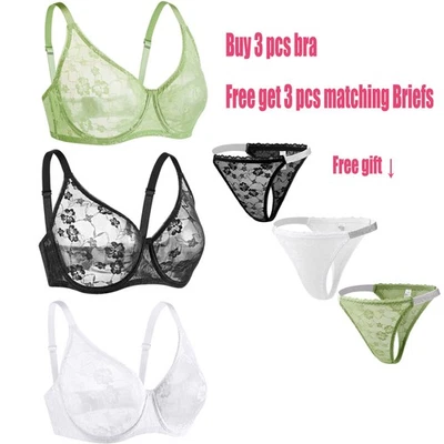 3Pcs Bras Women Bras Lace Sheer Brassiere Underwired Bra Sissy Sexy Lingerie BH - Image 1 of 4