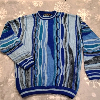 Vintage Blue Sweater Mens L XL 3D Chunky Knit Coogi Inspired USA 90s - Image 1 of 4