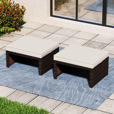 2PCS Patio PE Rattan Ottomans w/ So' Zippered Cushions for Deck Outdoor - Image 1 of 4