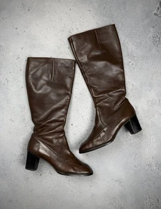 Vintage Bally braune Leder Kniehohe Stiefel Eckige Zehenpartie 70er Jahre - Bild 1 von 17
