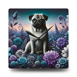 Mops lila und blau Wildblumen Boho quadratisch Acryl Wanduhr - Bild 1 von 5